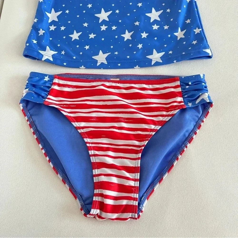 Swimsuit Two Piece Set Flag Print Lined Blue White Stars Size Girls 14 UPF 40+ - Picture 5 of 8